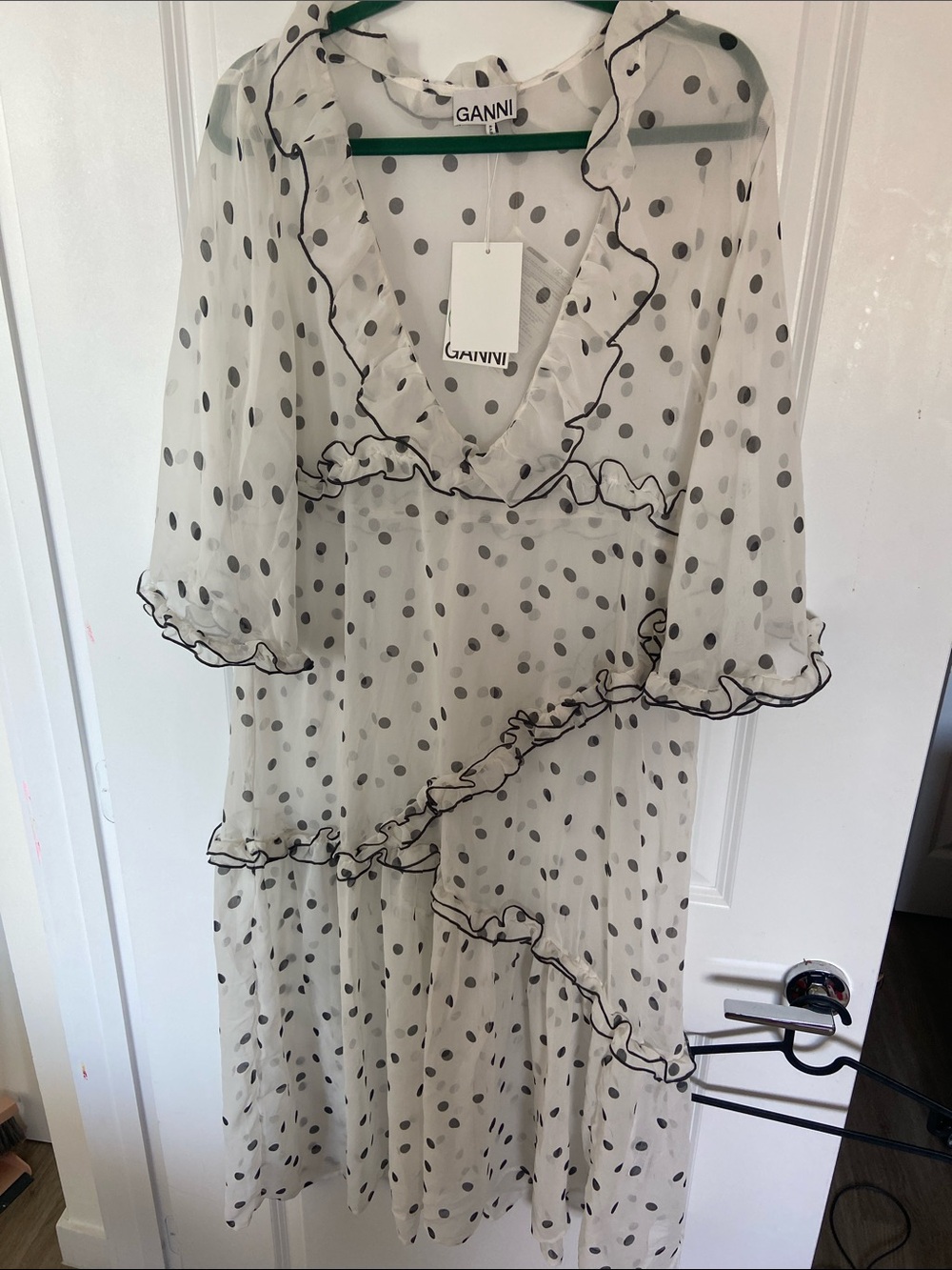 Ganni White Sheer Polka Dot Ruffle Midi Dress